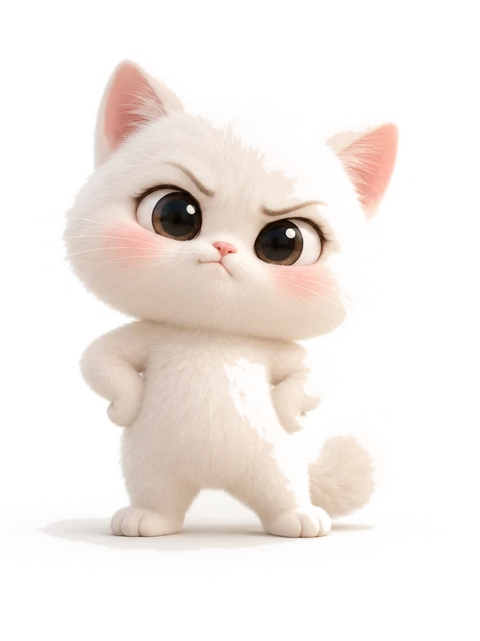 Gatito blanco con las patitas en la cintura, enojado de mentirita