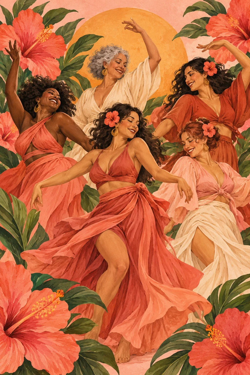 Ilustración de mujeres de distintas edades bailando felices entre hibiscos y un sol naranja